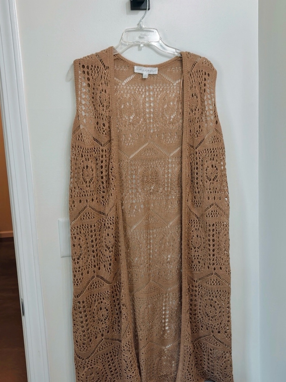 Chelsea & Theodore Open Crochet Sleeveless Cardigan - Tan